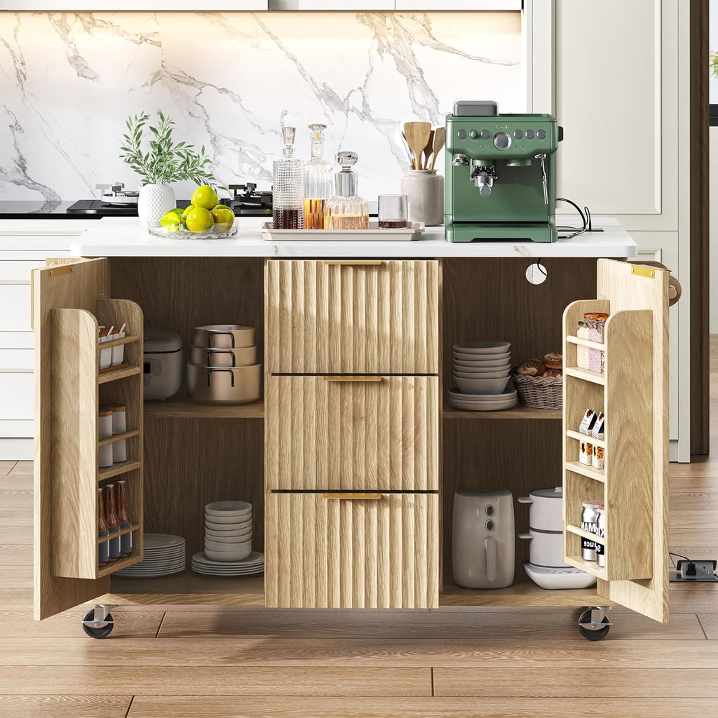 Merax 55.5" Fluted Kitchen Island with Drop Leaf, Power Outlet,Kitchen Grill Cart Island with Storage-6 Door Shelves,Adjustable Shelves,Faux Marble Top,Curved Edge for Kitchen,Natural