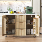 Merax 55.5" Fluted Kitchen Island with Drop Leaf, Power Outlet,Kitchen Grill Cart Island with Storage-6 Door Shelves,Adjustable Shelves,Faux Marble Top,Curved Edge for Kitchen,Natural