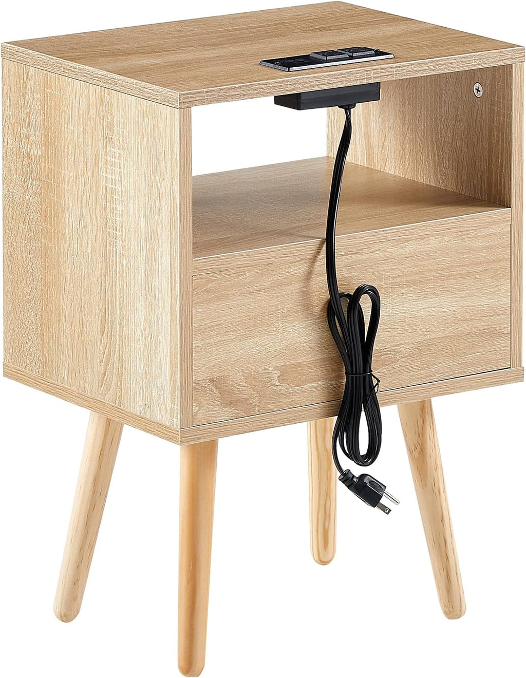 ZenithX 15.75" Rattan End Table with Power Outlet & USB Ports, Modern nightstand with Drawer and Solid Wood Legs, Side Table for Living Room, Bedroom,Natural