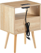 ZenithX 15.75" Rattan End Table with Power Outlet & USB Ports, Modern nightstand with Drawer and Solid Wood Legs, Side Table for Living Room, Bedroom,Natural