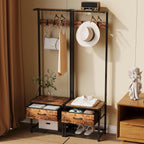 LUMTOK Hall Tree with Shoes Bench, Small Coat Rack with Fabirc Drawer and Shelf for Bedroom, 4-in-1 Entryway Organizer with Shoes Stool for Living Room, Entryway, Closets (Rustic Brown) (Brown, Small)