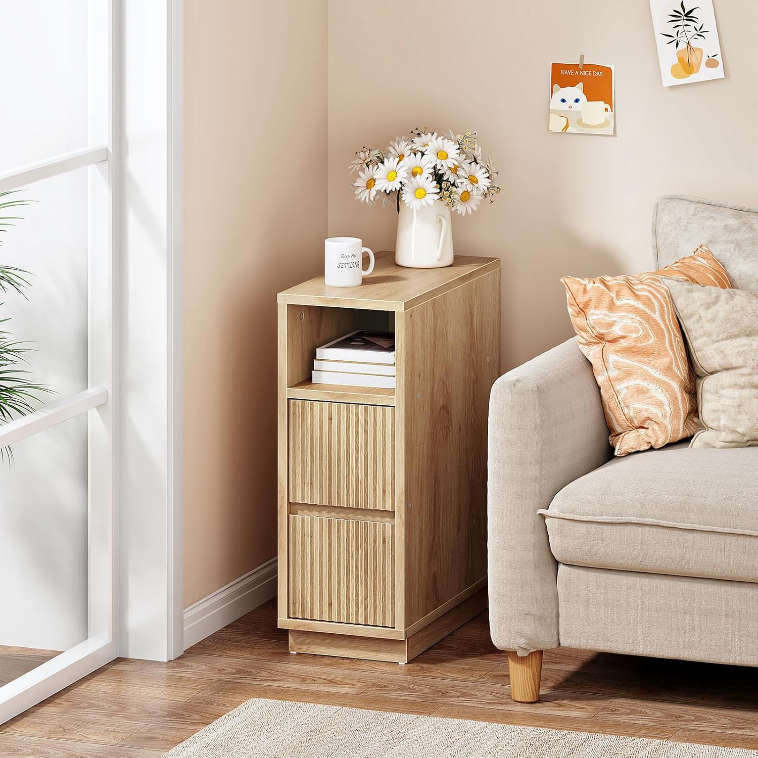 CHOEZON 8.7" Narrow Fluted Nightstand, Small Bedside Table with Drawers, Skinny Side Table, Modern Nightstand with 1 Semi-Open Shelf, Floating End Table, for Living Room, Bedroom, Natural MBZ12NL