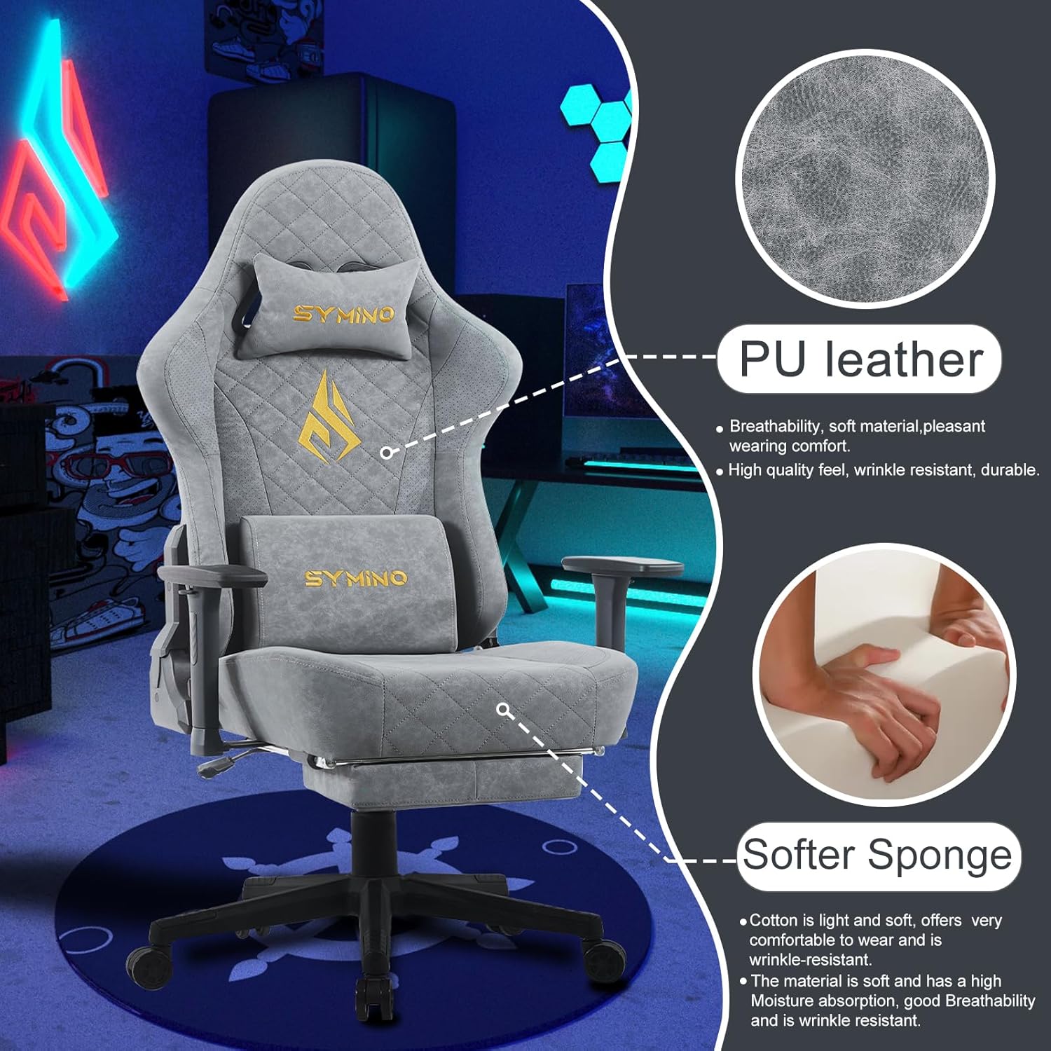Symino Gaming Chair with Foot Rest, 3D Armrests PU Leather High Back Ergonomic Office Chair, 150° Recline Computer Desk Chair, Diamond Stitching, Grey