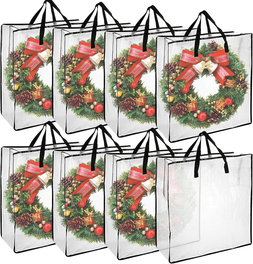 8 Pack Wreath Storage Bags, 24 Inch Clear Christmas Wreath Storage Bag with Zipper and Handles, PP Woven Holiday Decor Storage Bags
