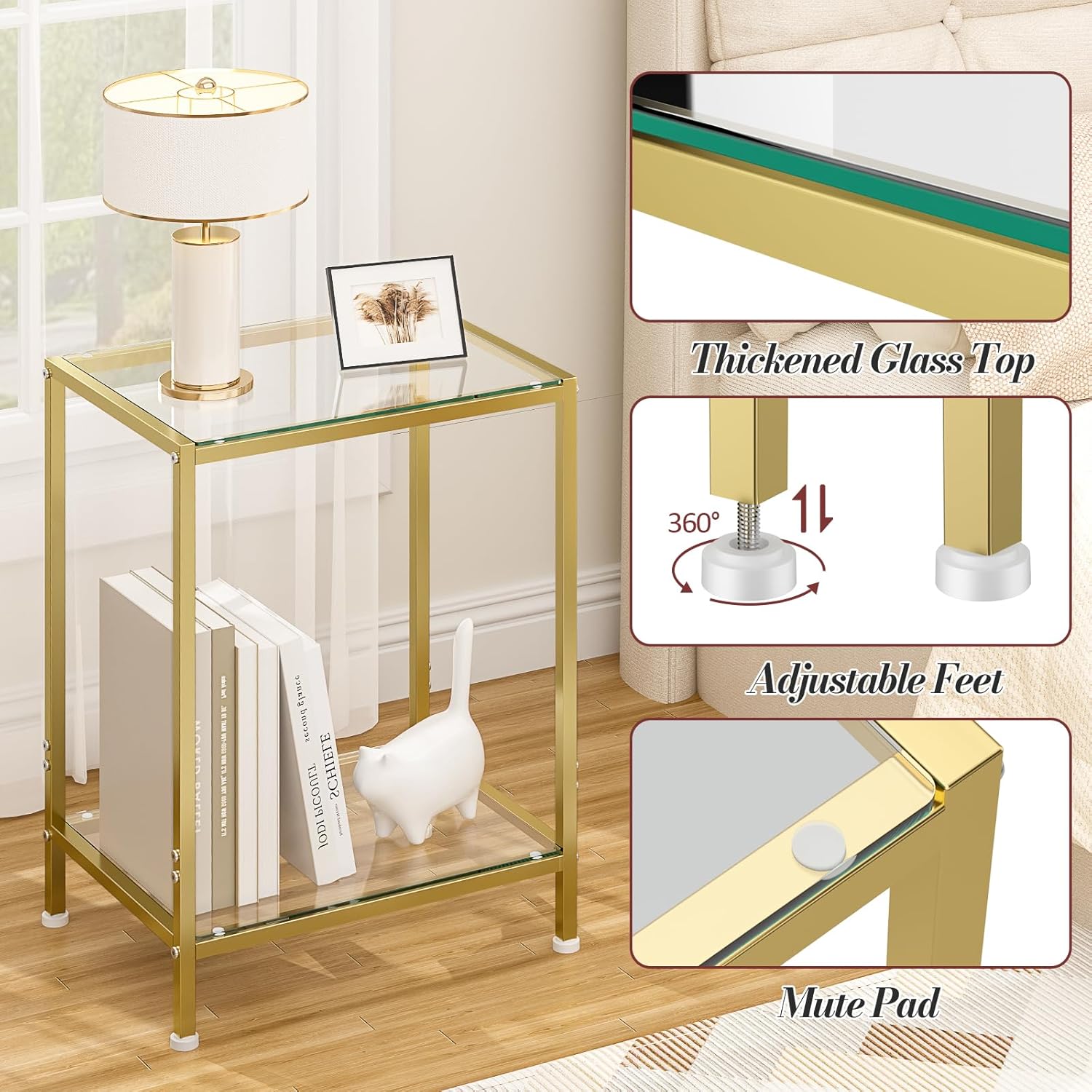 DAOUTIME Side Tables Set of 2, End Tables with Tempered Glass & Metal Frame, Small Nightstands with Storage Shelves, 2-Tier Gold Coffee Table with Modern Style, Slim Sofa Table for Living Room,Bedroom