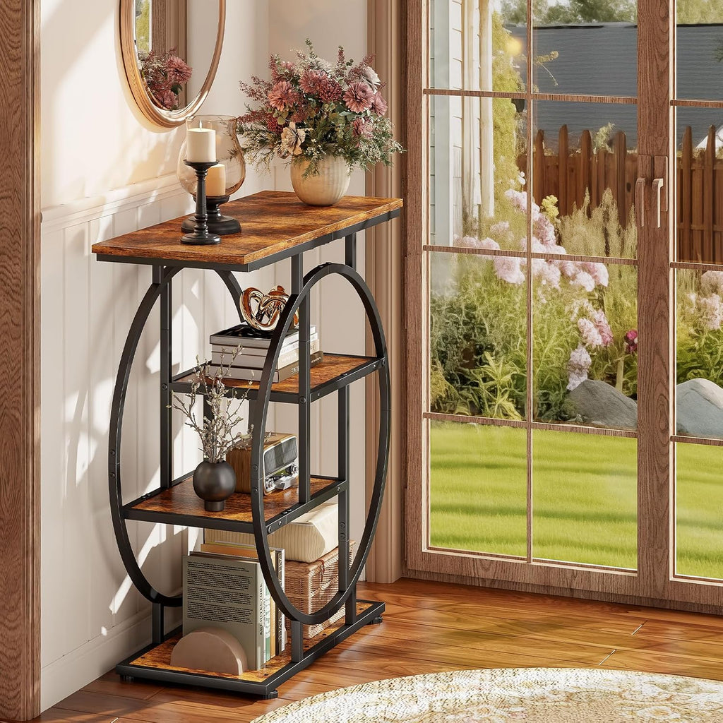 Small Entryway Console Table, 31.5" Narrow Sofa Table Behind Couch with Modern Curved Metal Frame, Skinny Wood Entry Table for Hallway, Entrance, Living Room, Wall, Foyer, Front Door, Rustic Brown