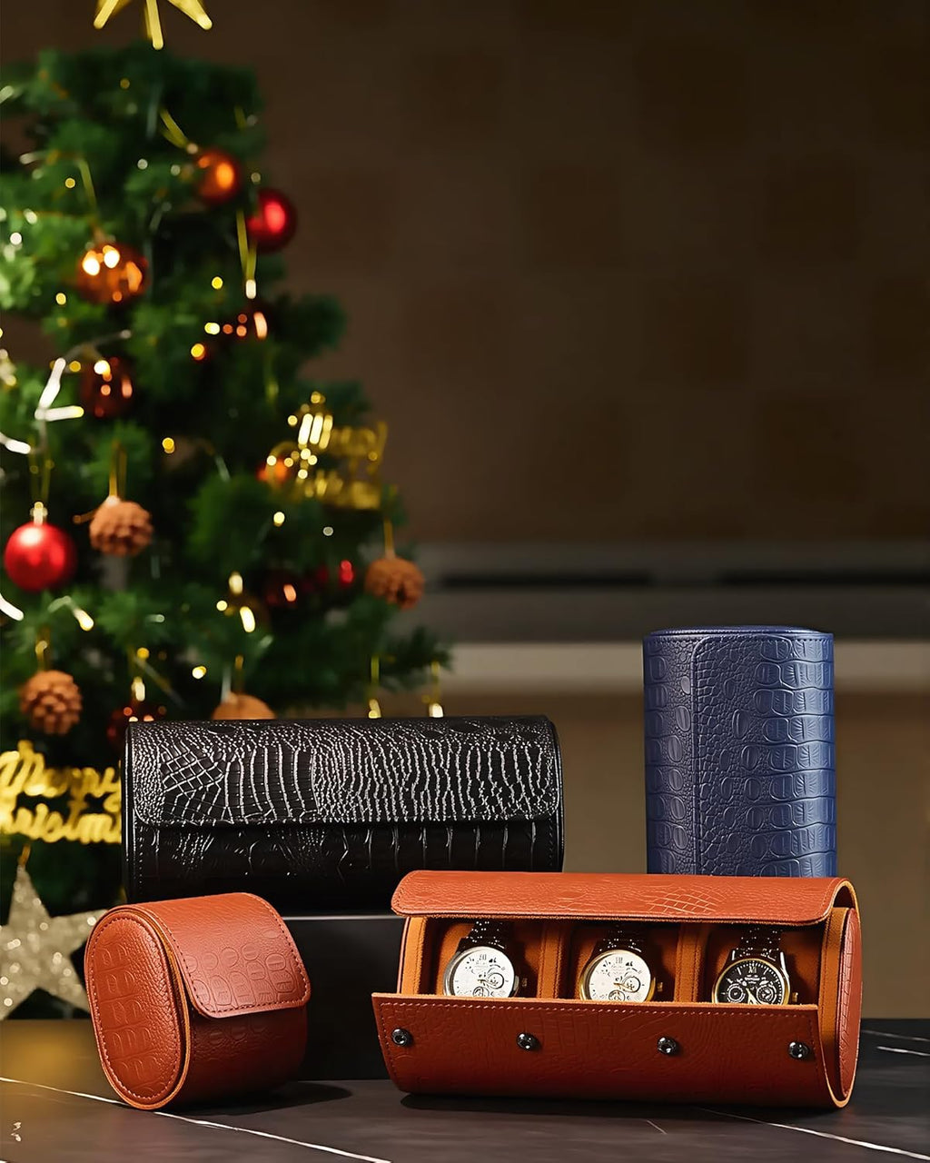 Classic 3 Watch Travel Case- Men's Portable Croc-Embossed Leather Watch & Accessory Organizer. Great Gifts for Men: Watch Roll Or Holder For Easy Carry, Storage And Display.