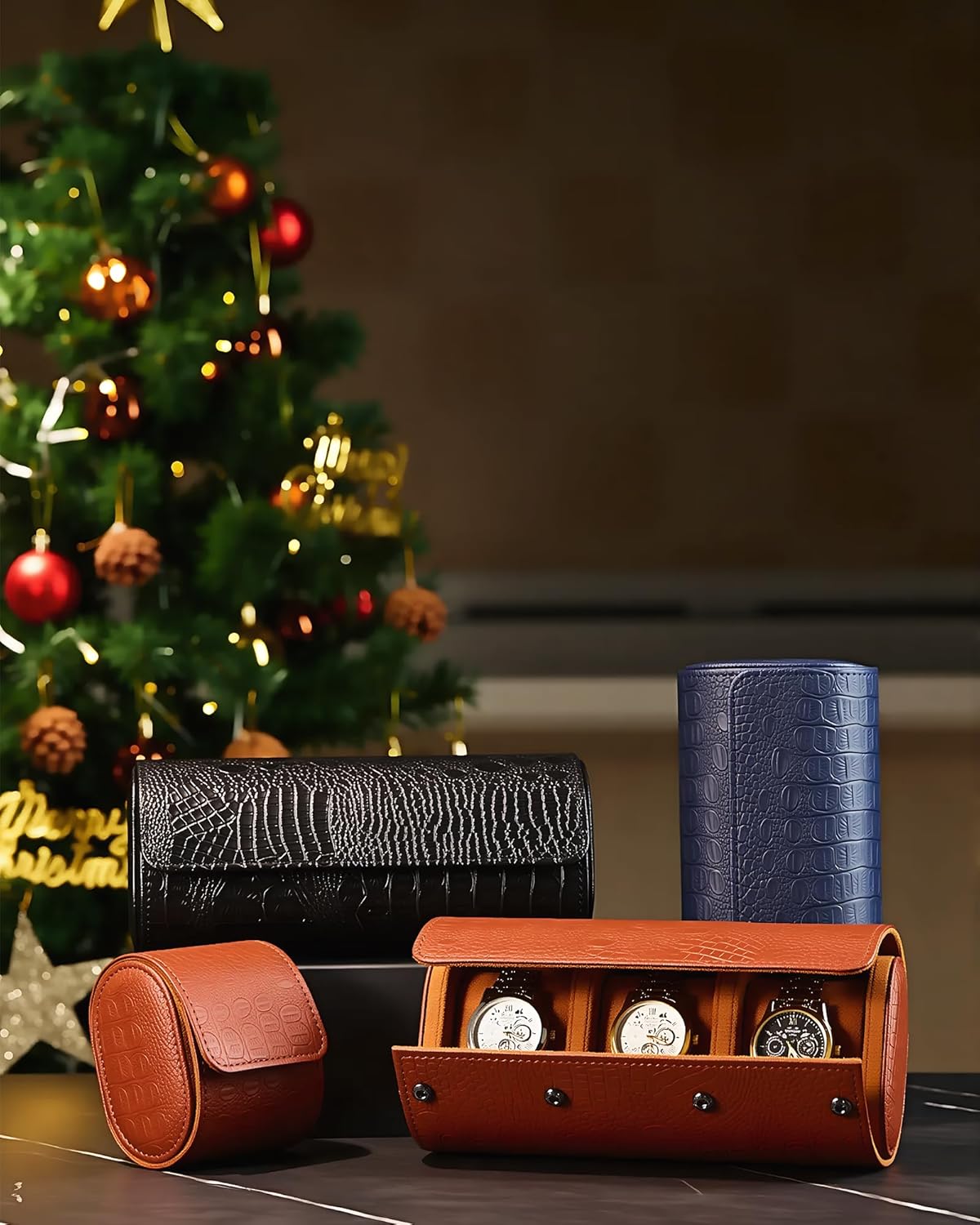 Classic 3 Watch Travel Case- Men's Portable Croc-Embossed Leather Watch & Accessory Organizer. Great Gifts for Men: Watch Roll Or Holder For Easy Carry, Storage And Display.