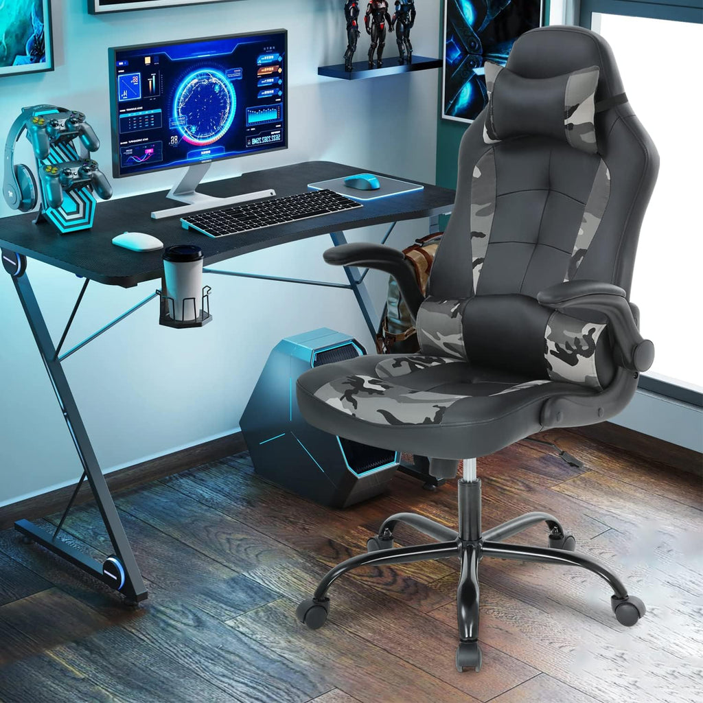 BLKMTY PC Gaming Ergonomic Computer Chair - Adjustable Office Swivel Video Game Racing Chair with Lumbar Support and Headrest - High Back Executive for Adults, Camo