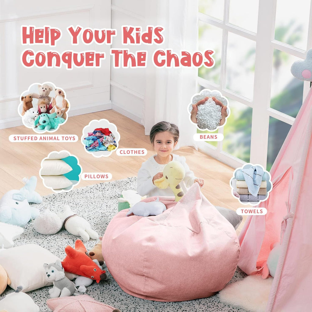 Bean Bag Chair Cover (No Filler) for Kids and Adults,Beanbag Stuffed Animal Storage Without Filling Plush Toys Holder and Organizer Soft Premium Corduroy 200L (Pink)