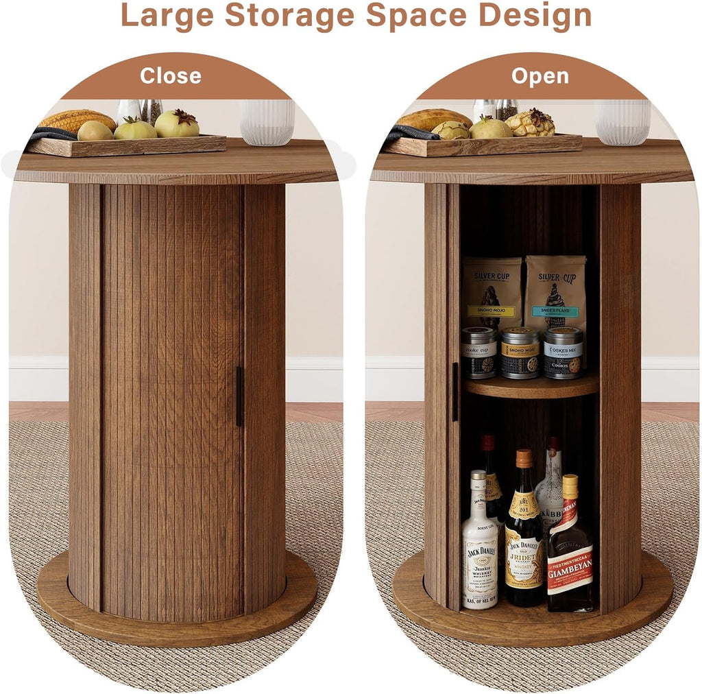 Round Dining Table with Storage,31.5" Modern Storage Kitchen Table for 2-4 People with Curved Sliding Door Fluted Wood Thickened Tabletop for Dining Room/Kitchen/Living Room,Brown