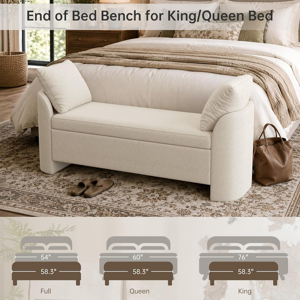 Usaint 58.3" Storage Ottoman Bench with Pillows, Upholstered End of Bed Bench with Arms, Footrest Stool Bench for Bedroom, Living, Window, Entryway and Hallway, Beige
