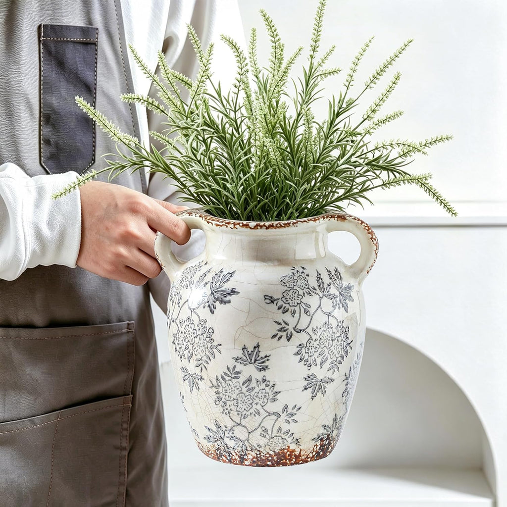 Enra 7.8" Blue and White Ceramic Vase with Double Handles – Handcrafted Chinoiserie Floral Vase, Decorative Vase for Living Room Centerpiece, Bookshelf & Office