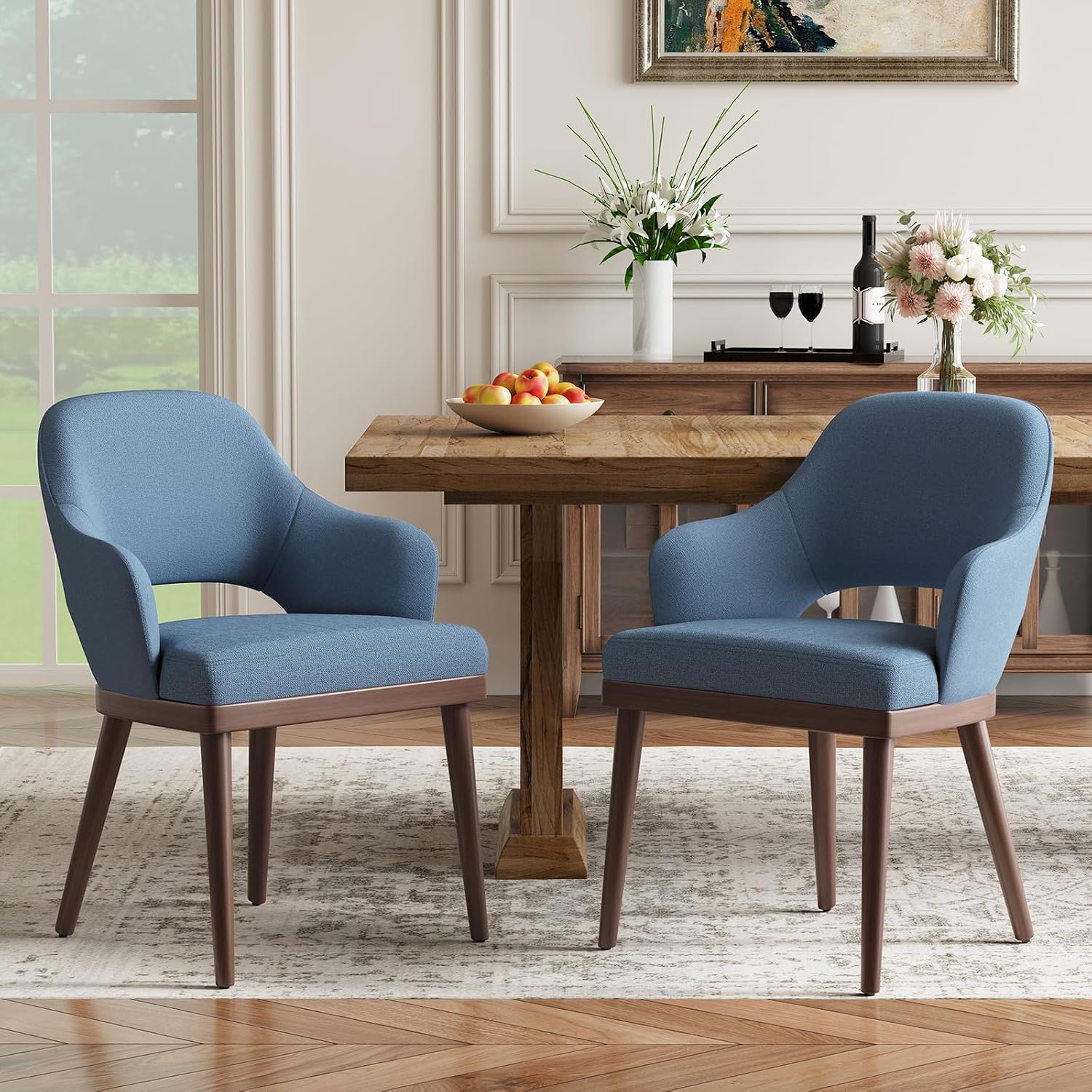 MALOL Wooden Dining Chairs Set of 2, Modern Fabric Upholstered Dining Room Chair, Kitchen Side Chairs, Farmhouse Dinner Chair with Open Back for Kitchen, Blue