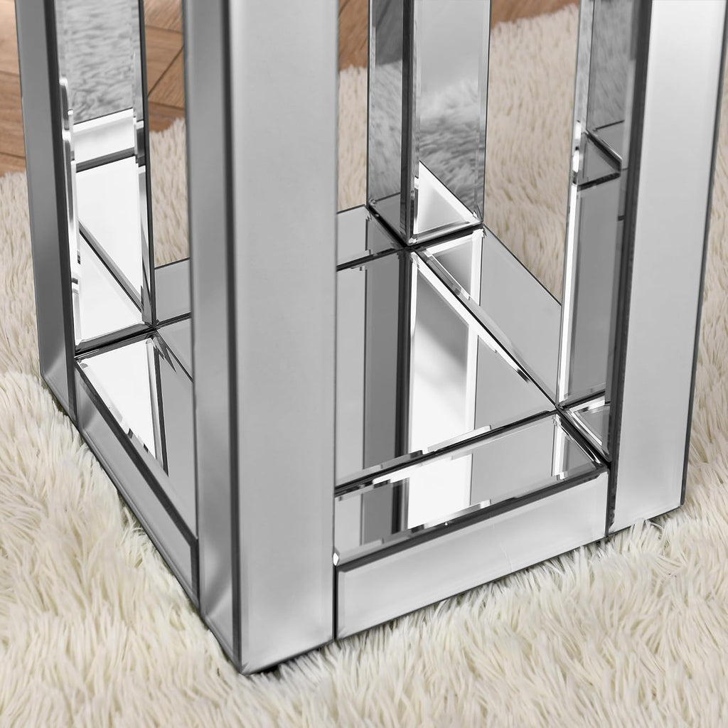 Modern Square Mirrored End Table, Easy Assembly Bedside Table with Crystal Inlay, Silver Square Sofa Side Table for Living Room, Elegant Mirror Finish 2-Tiers End Side Table,11.8" D x 11.8" W x 26" H