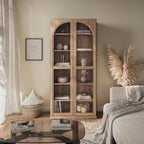 BELLEZE 67" Tall Glass Display Cabinet, Modern Wood Curio Cabinet Bookcase with Adjustable Storage Shelves, 6-Tier Trophy Showcase Display for Living Room - Camel
