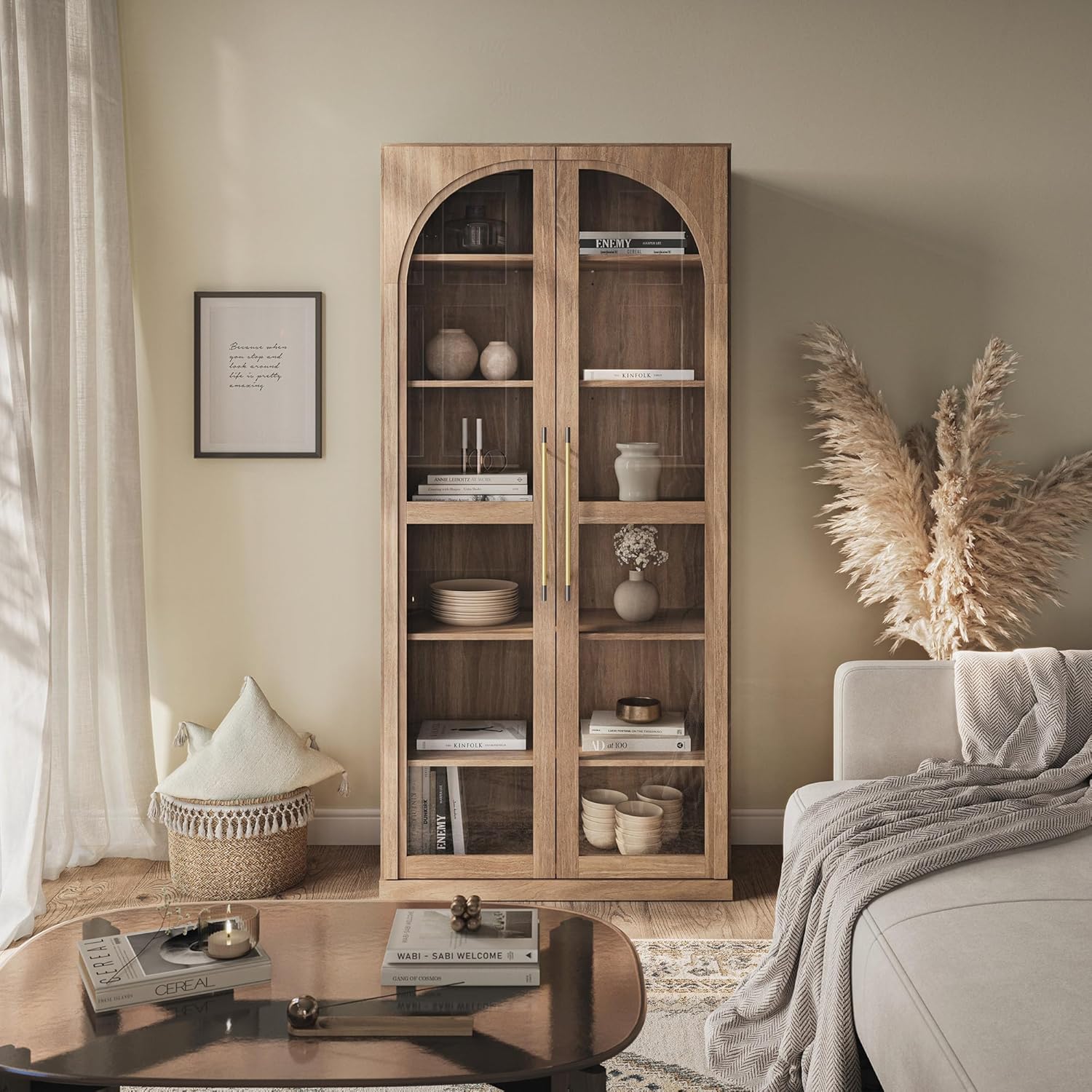 BELLEZE 67" Tall Glass Display Cabinet, Modern Wood Curio Cabinet Bookcase with Adjustable Storage Shelves, 6-Tier Trophy Showcase Display for Living Room - Camel