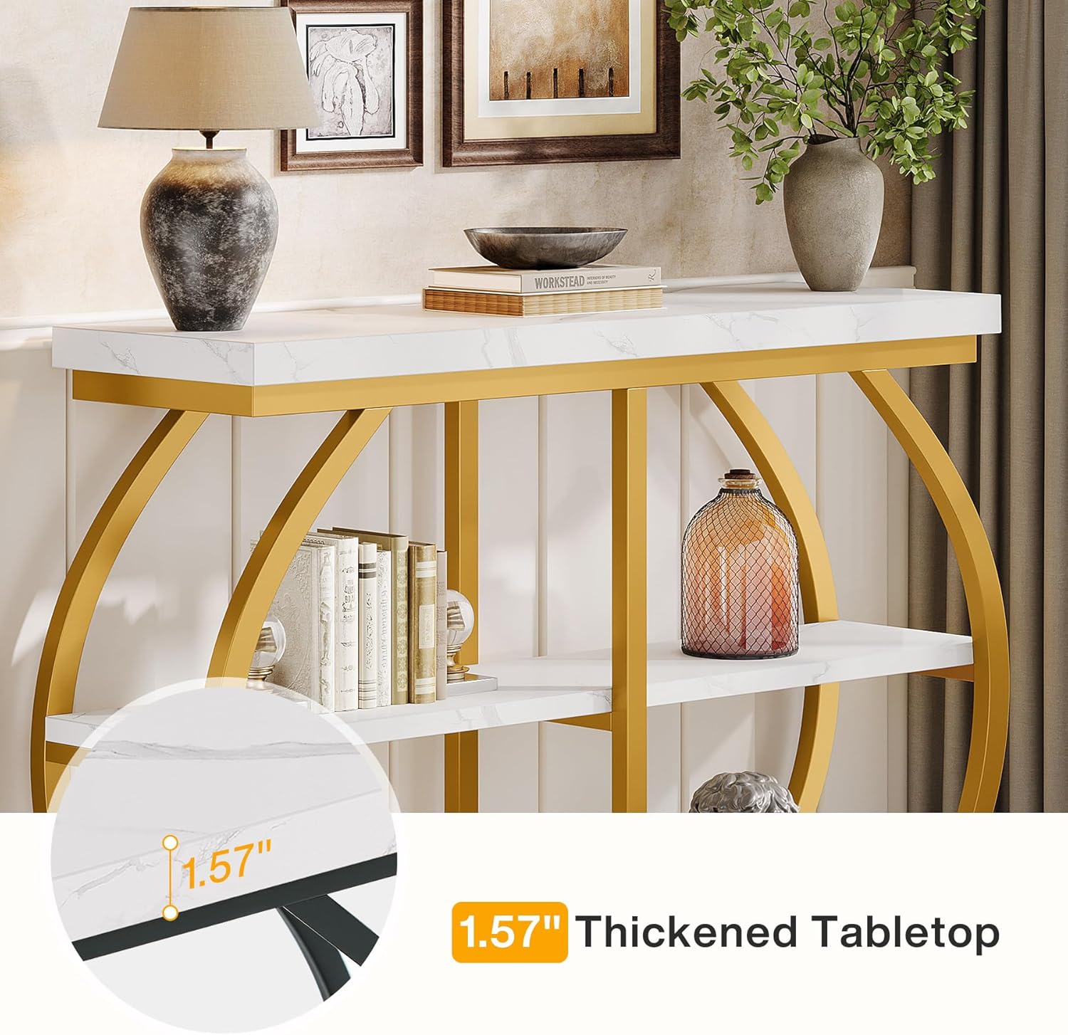 Tribesigns 41.3" Console Table, Industrial 3-Tier Entryway Table with Arched Metal Frame and Storage Shelves for Living Room, Hallway, White Gold