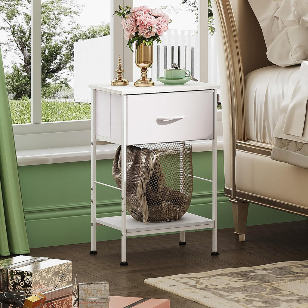 WLIVE Small White Nightstand with Drawer, Fabric Bedside Table, 25.03'' H | Night Stand with Wood Open Shelf, Small Bed Side Table for Bedroom, Dorm, Small Space, Easy Assembly