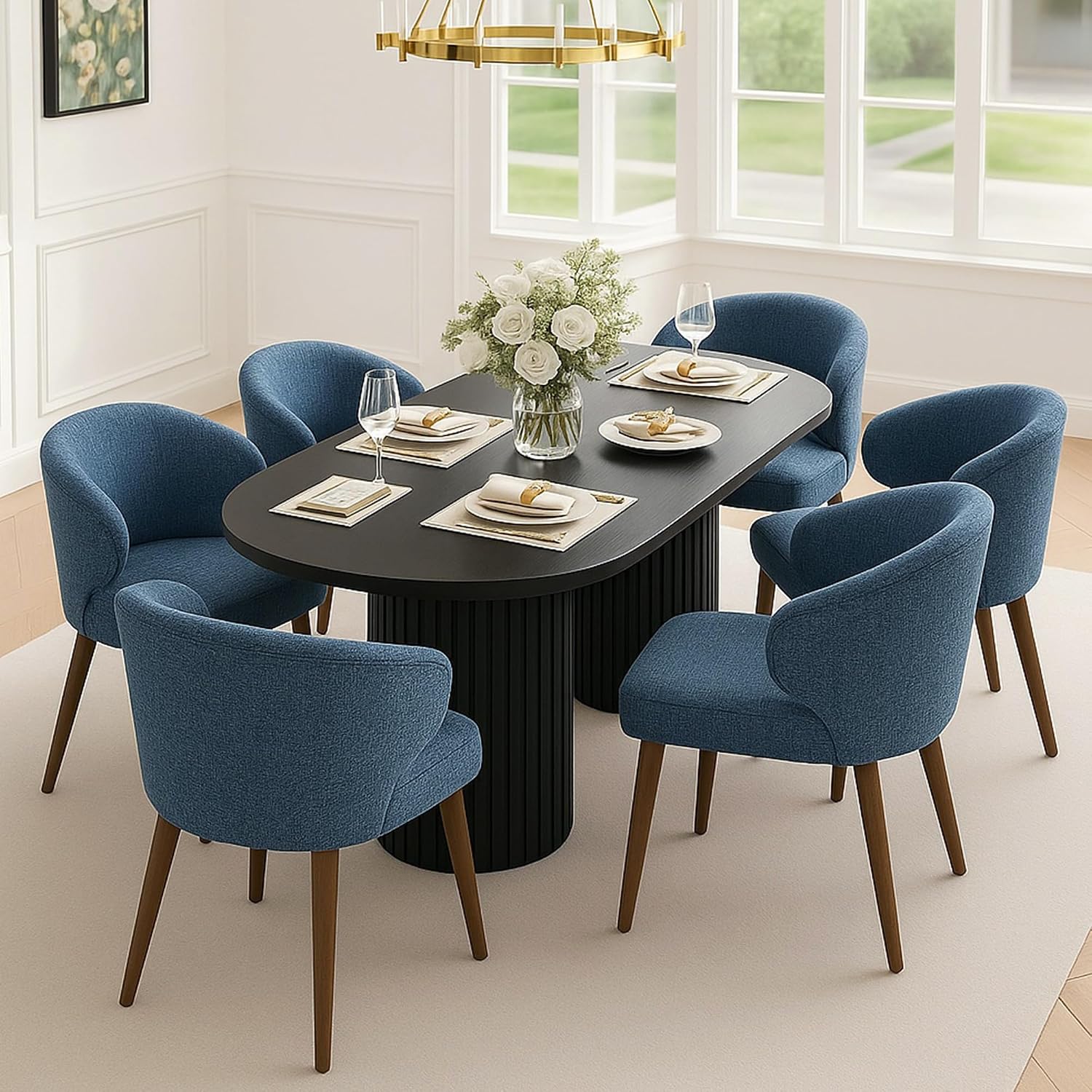 HNY Mid Century Modern Dining Chairs Set of 4, Upholstered Curved Wingback Accent Arm Chairs, Linen Side Chairs with Solid Wood Legs, Navy Blue