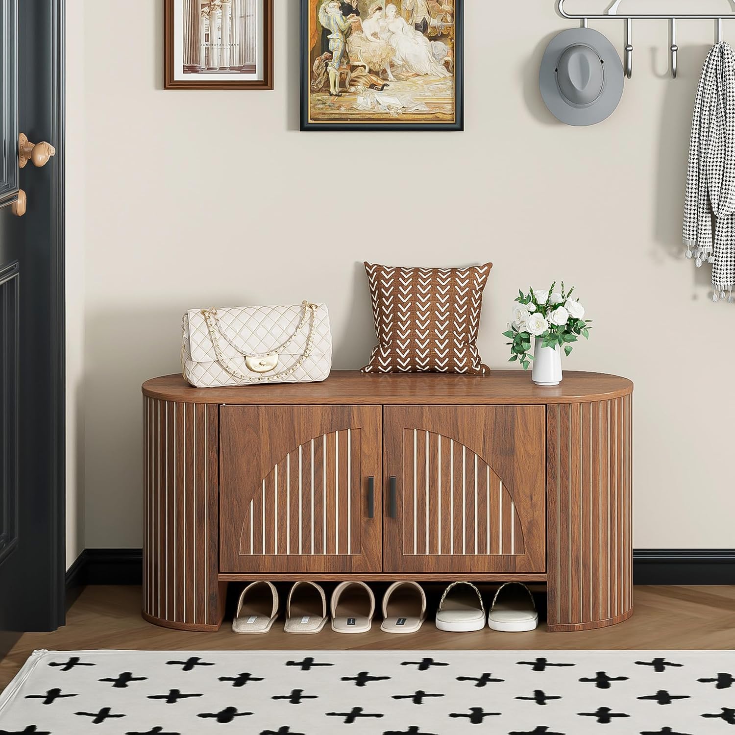 Shoe Storage Bench with Doors and Adjustable Shelf, 2-Tier Entryway Bench with Storage, Wooden Modern Shoe Cabinet Organizer for Entryway, Hallway, Living Room