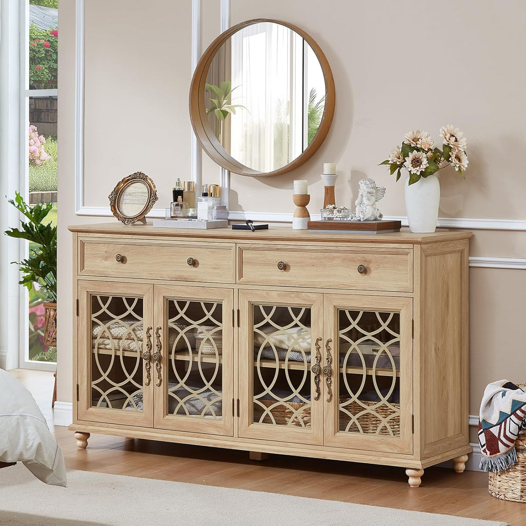 Joaxswe Farmhouse Sideboard Buffet Cabinet with Storage,59" Large Credenza with 4 Glass Doors & 2 Drawers,Adjustable Shelves Console Table,Wood Kitchen Coffee Bar for Dining Room,Living Room,Natural