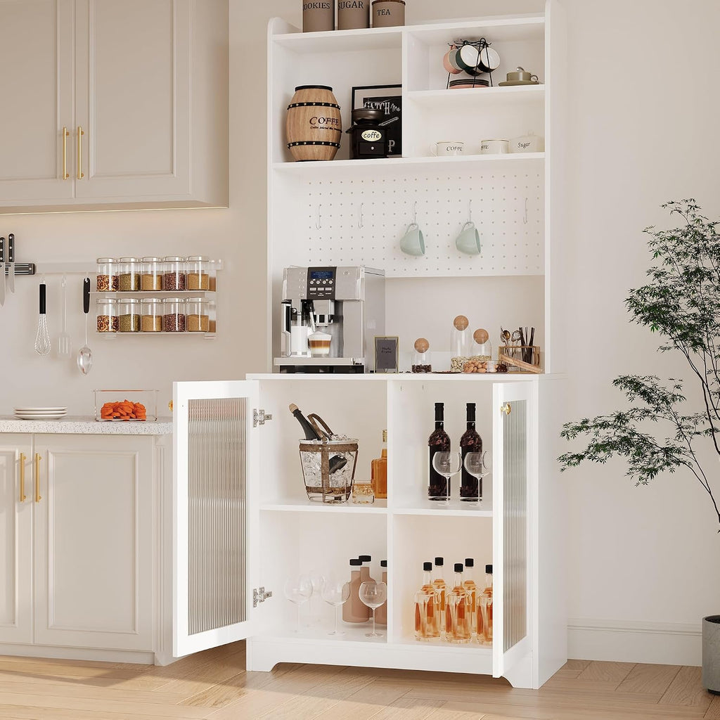 TrailBlaze Versatile Freestanding Kitchen Pantry Cabinet - 71" Tall Sideboard Buffet with Pegboard, 2 Glass Doors, Adjustable Shelves & 6 Hooks, Multi-Compartment Storage for Dining Room or Hallway