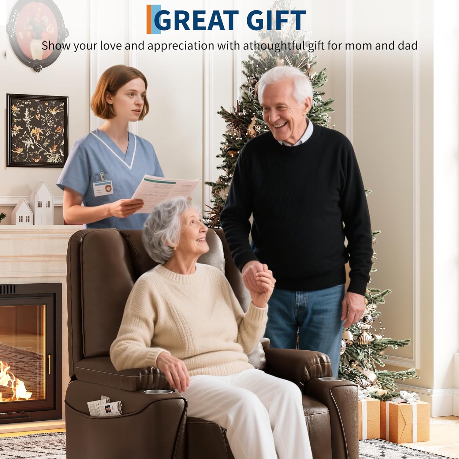 Garvee Power Lift Recliner Chair Sofa, PU Leather Reclining with Charging Ports, Cup Holders, Electric Stand Assist for Elderly, Home Theater Seating with Remote for Living Room, Brown