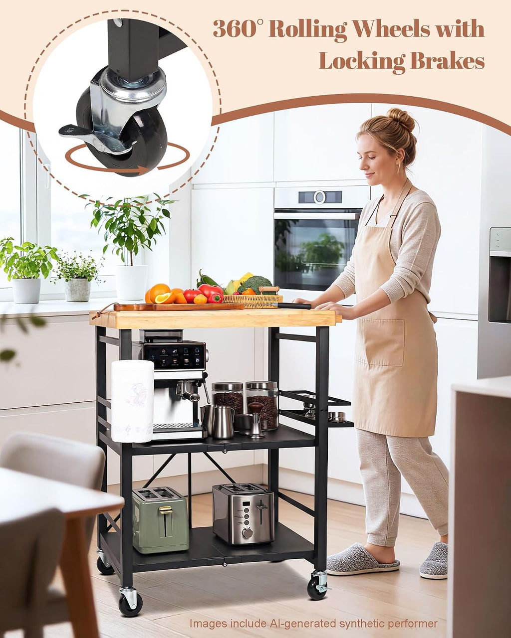 Mythinglogic Foldable Kitchen Cart with Wheels, Rolling Kitchen Island with Wood Top, 3-Tier Microwave Stand Coffee Bar Cart with Side Storage Rack, Black