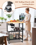 Mythinglogic Foldable Kitchen Cart with Wheels, Rolling Kitchen Island with Wood Top, 3-Tier Microwave Stand Coffee Bar Cart with Side Storage Rack, Black