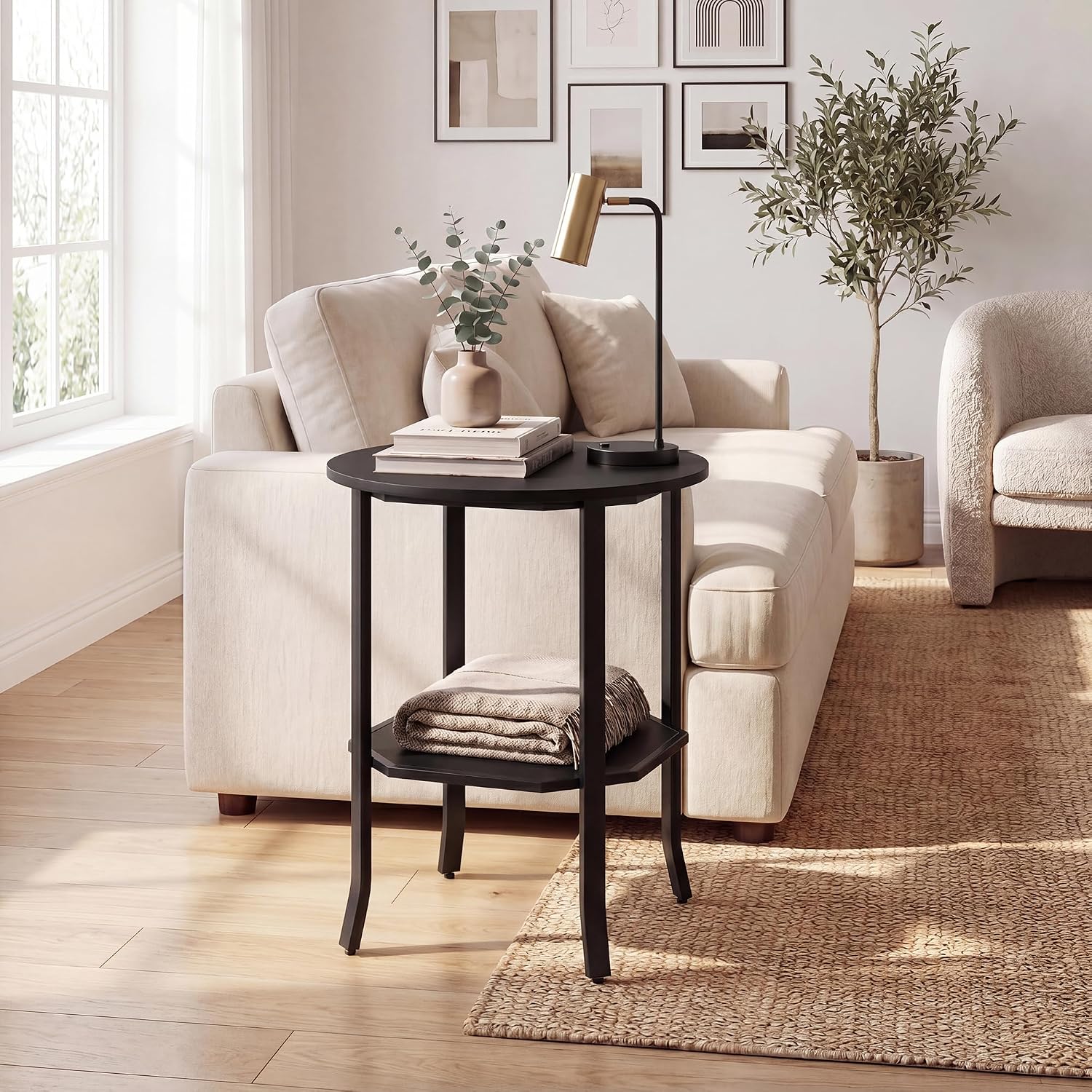 Tangkula 2-Tier Round Side End Table, Small Nightstand with Storage Shelf, Industrial Modern Bedside & Sofa Side Table for Small Space, Bedroom, Living Room, Home Office (2, Black)