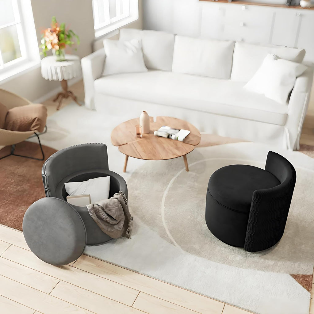 allamazing 360° Swivel Accent Chair with Storage, Vanity Stool with Back, Velvet Storage Ottoman, Upholstered Round Barrel Vanity Chair for Living Room, Makeup Room, Bedroom (Black)
