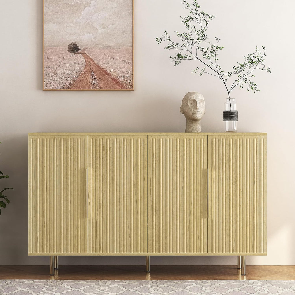 USHOWER 56" Sideboard Buffet Cabinet with Storage - 4 Fluted Doors & Adjustable Shelves, Modern Wood Credenza with Metal Legs for Living Room, Dining Room, Kitchen, Entryway, Large Countertop Space