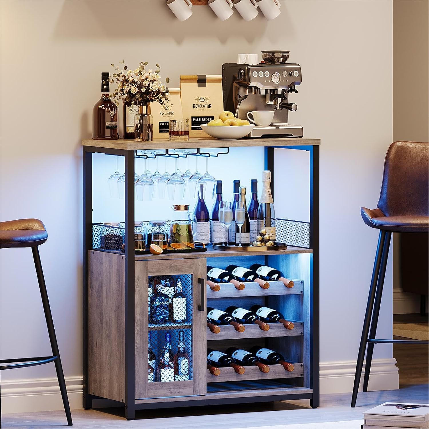 GarveeHome 3-Tier Wine Bar Cabinet with LED Lights & Wine Rack, Liquor Cabinet with Storage, Coffee Bar Cabinet with Glass Holder & Mesh Door, Sideboard Buffet Bar for Living Room, Dining Room, Grey
