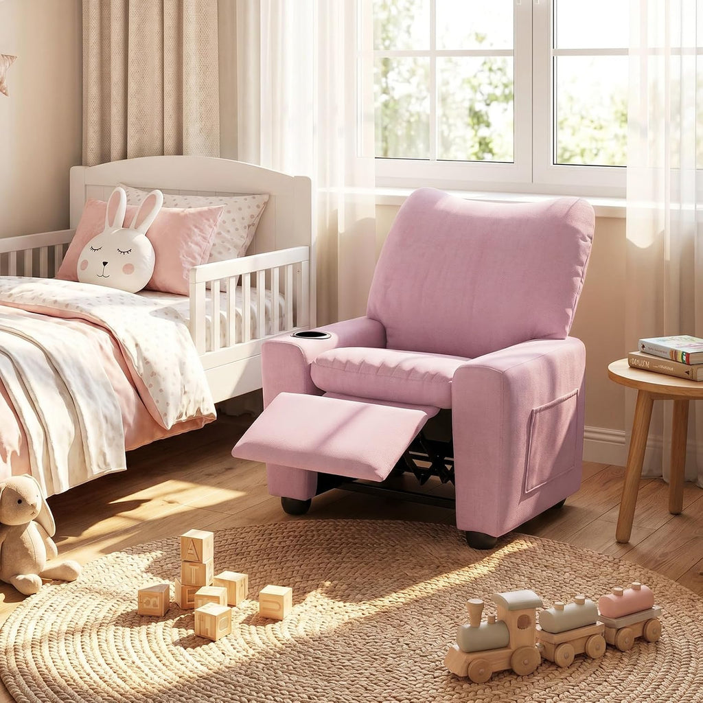 HONEY JOY Kids Recliner with Cup Holder, Chenille Fabric Upholstered Push Back Toddler Sofa w/Storage Pockets, Adjustable Backrest & Footrest, Child Reclining Chair for Ages 3+, Pink