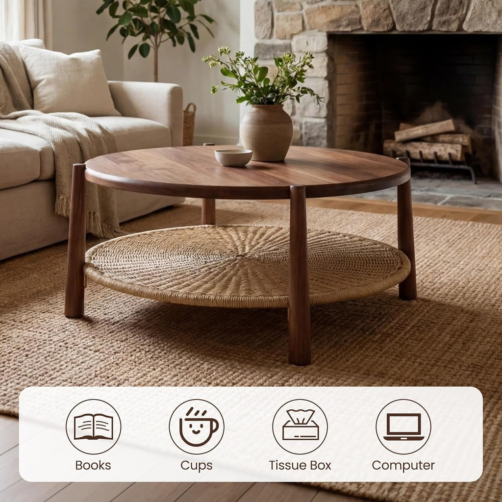 Round Coffee Table with Woven Storage Shelf, Mid-Century Modern 2-Tier Wood Center Table, Boho Coastal Circle Coffee Table for Living Room Office, Walnut Brown