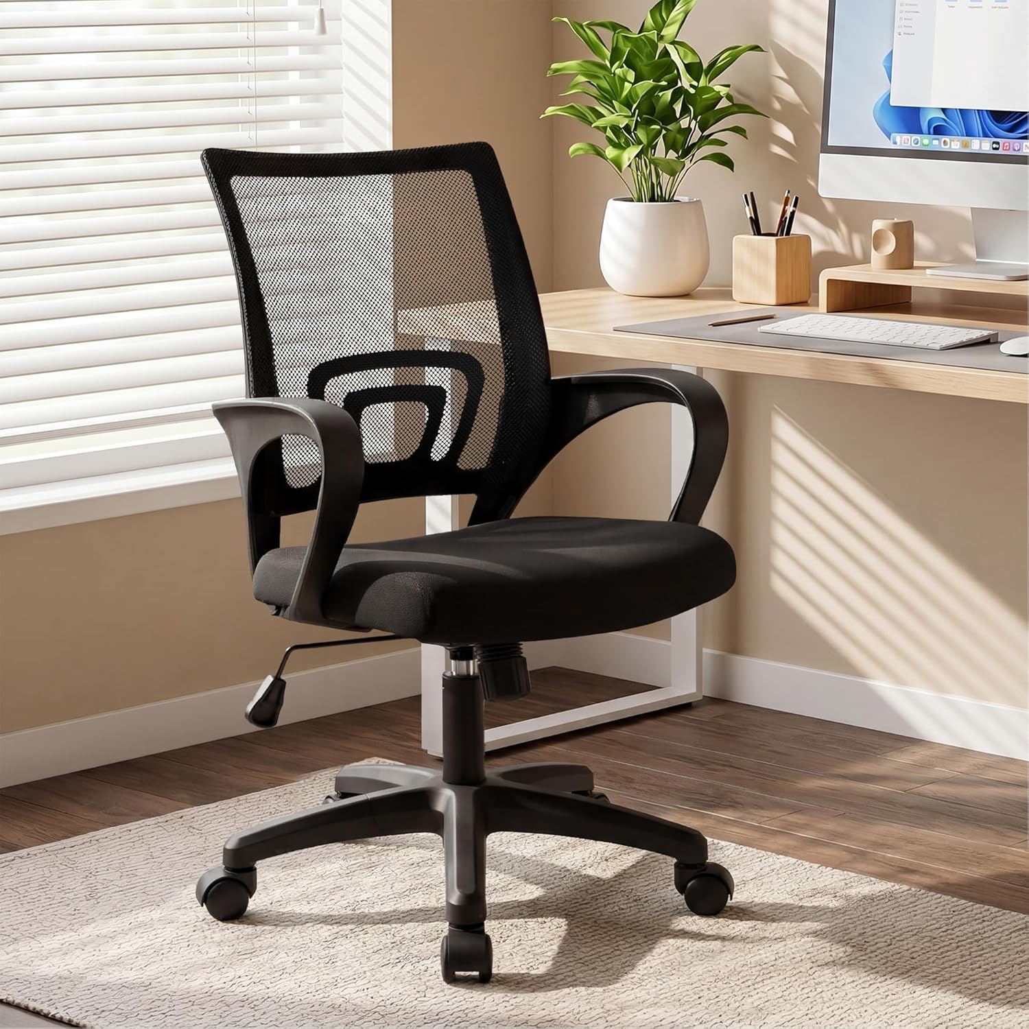 NEO Chair Office Computer Chair Mid Back Desk Ergonomic Mesh Gaming Seat Comfy Lumbar Support Rolling Wheels Adjustable Height Swivel for Home Task (All Black)