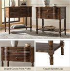 HULALA HOME End Table with Charging Station, Solid Wood Side Table with 2 Drawers & Open Shelf, Vintage Finish, Spindle Legs(Walnut)