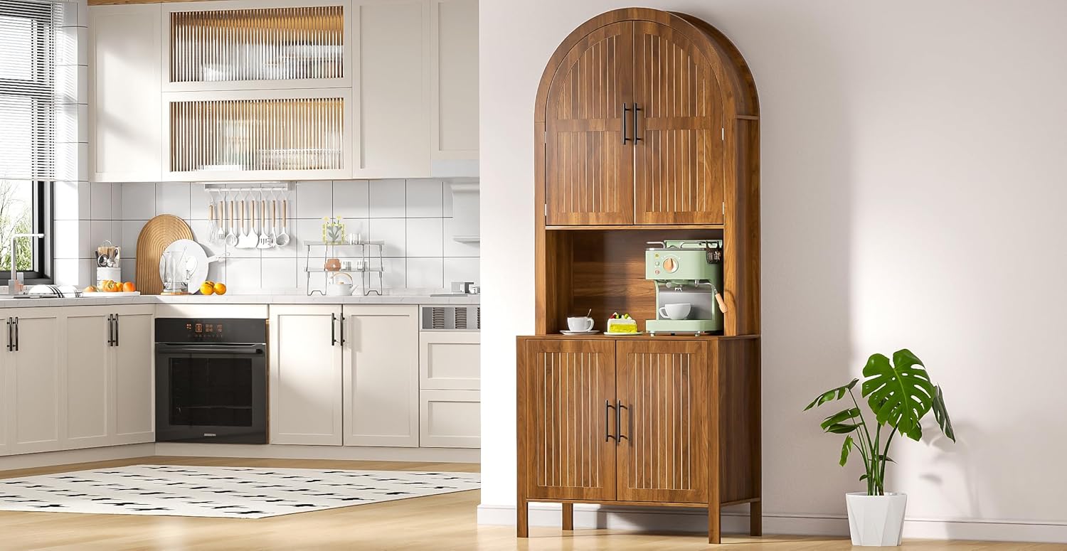 76" Tall Arched Kitchen Pantry,Large Storage Cupboard with Fluted Doors,Microwave Shelf,Modern Wooden Buffet Sideboard,Adjustable Shelves,Cabinet for Dining,Living Room,Walnut