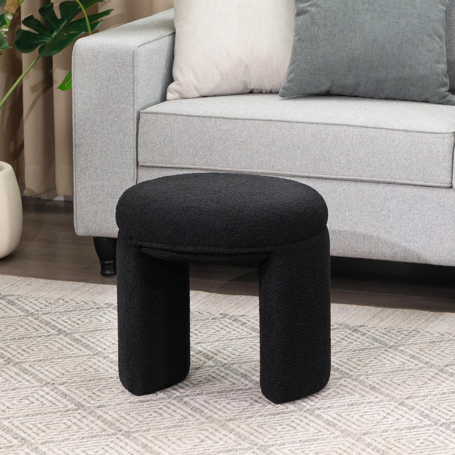 Boucle Ottoman, Round Sherpa Vanity Stool Chair, Small Upholstered Modern Teddy Footstool for Makeup, Living Room, Entryway, Bedroom,Black