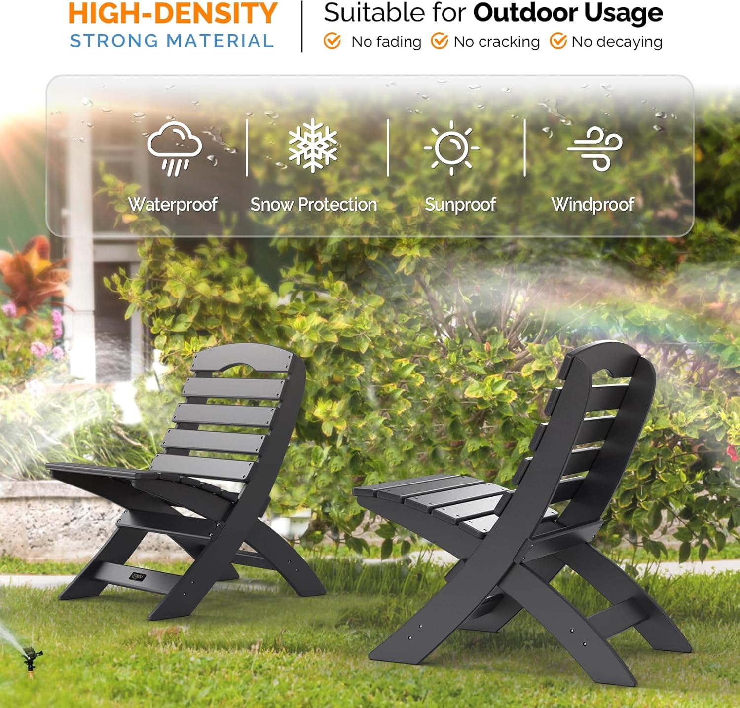 VINGLI Portable Adirondack Chairs, Folding Plastic Adirondack Chair for All Weathers, Outdoor Fire Pit Chairs for Patio Poolside Porch Beach, Capacity 350 LBS, Black