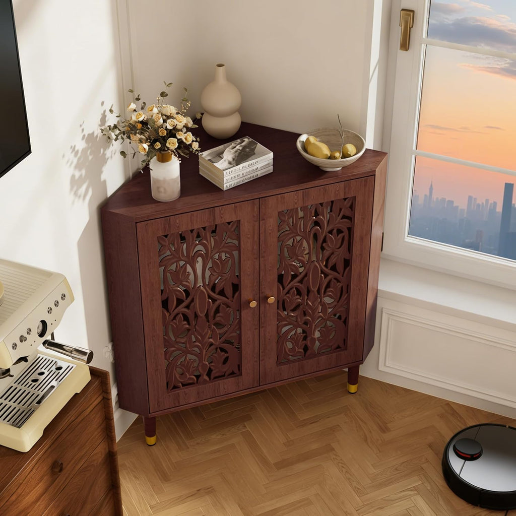 3More 2-Door Retro Accent Corner Cabinet, Hollow Carved Doors Storage Cabinet with Adjustable Shelf and Gold Aluminum Handles, Furniture for Living Room Dining Room Bathroom