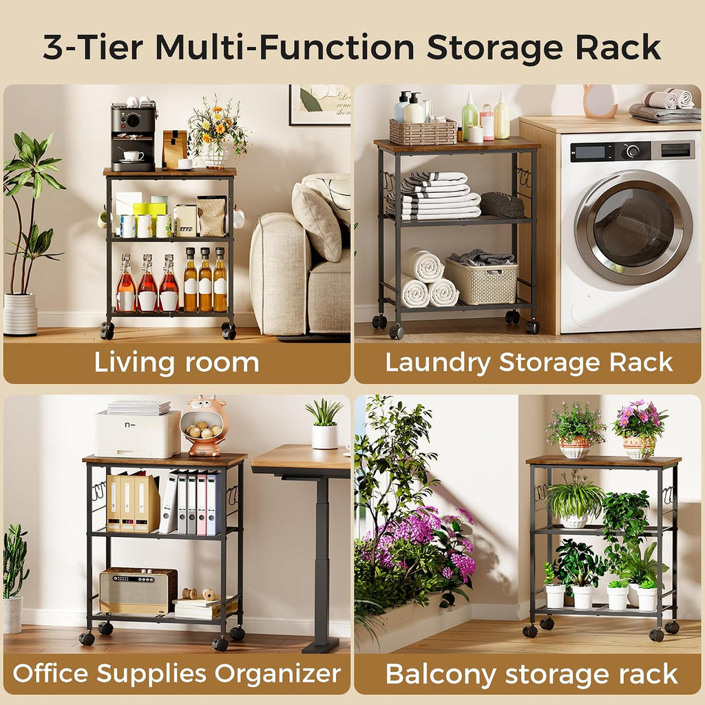 BEWISHOME 3-Tier Rolling Kitchen Microwave Cart, Small Microwave Stand | 4 Lockable Wheels, Hooks, Small Coffee Cart Shelf Rack Organizer for Kitchen, Living Room, Bathroom