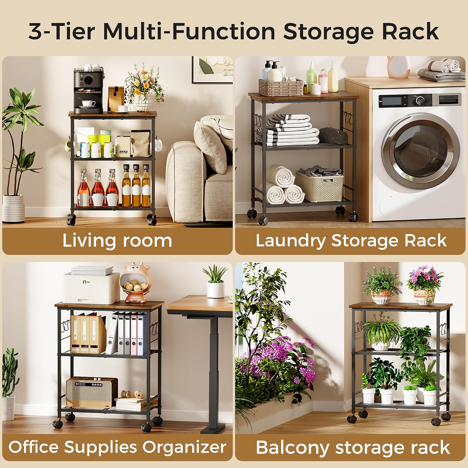 BEWISHOME 3-Tier Rolling Kitchen Microwave Cart, Small Microwave Stand | 4 Lockable Wheels, Hooks, Small Coffee Cart Shelf Rack Organizer for Kitchen, Living Room, Bathroom