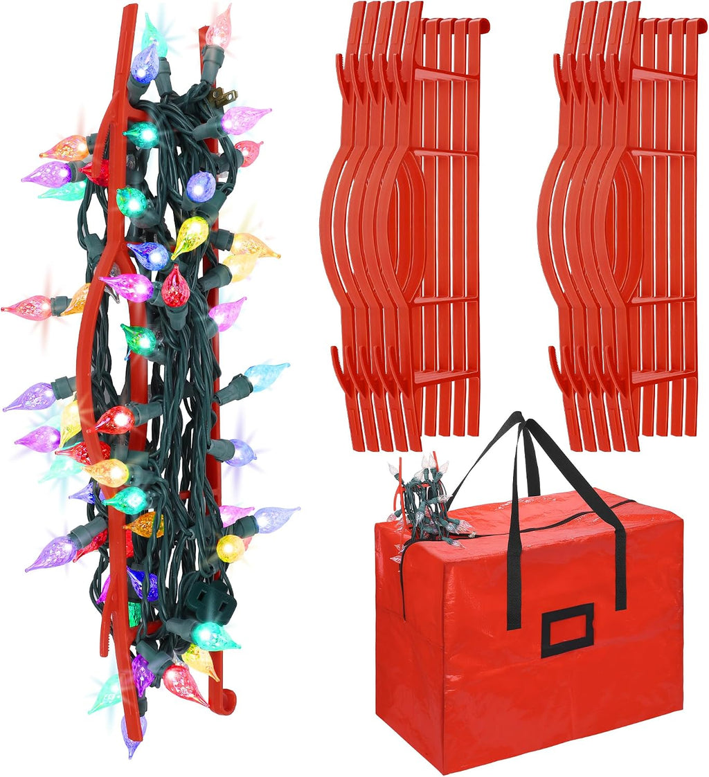 RUODON 12 Pack Christmas Lights Storage Holders with Storage Bag Hanging Rope Cord String Winder Organizer Holiday Lights Storage Hold Up to 164 Feet for Tree Lights, Electric Cords, Garlands (Red)