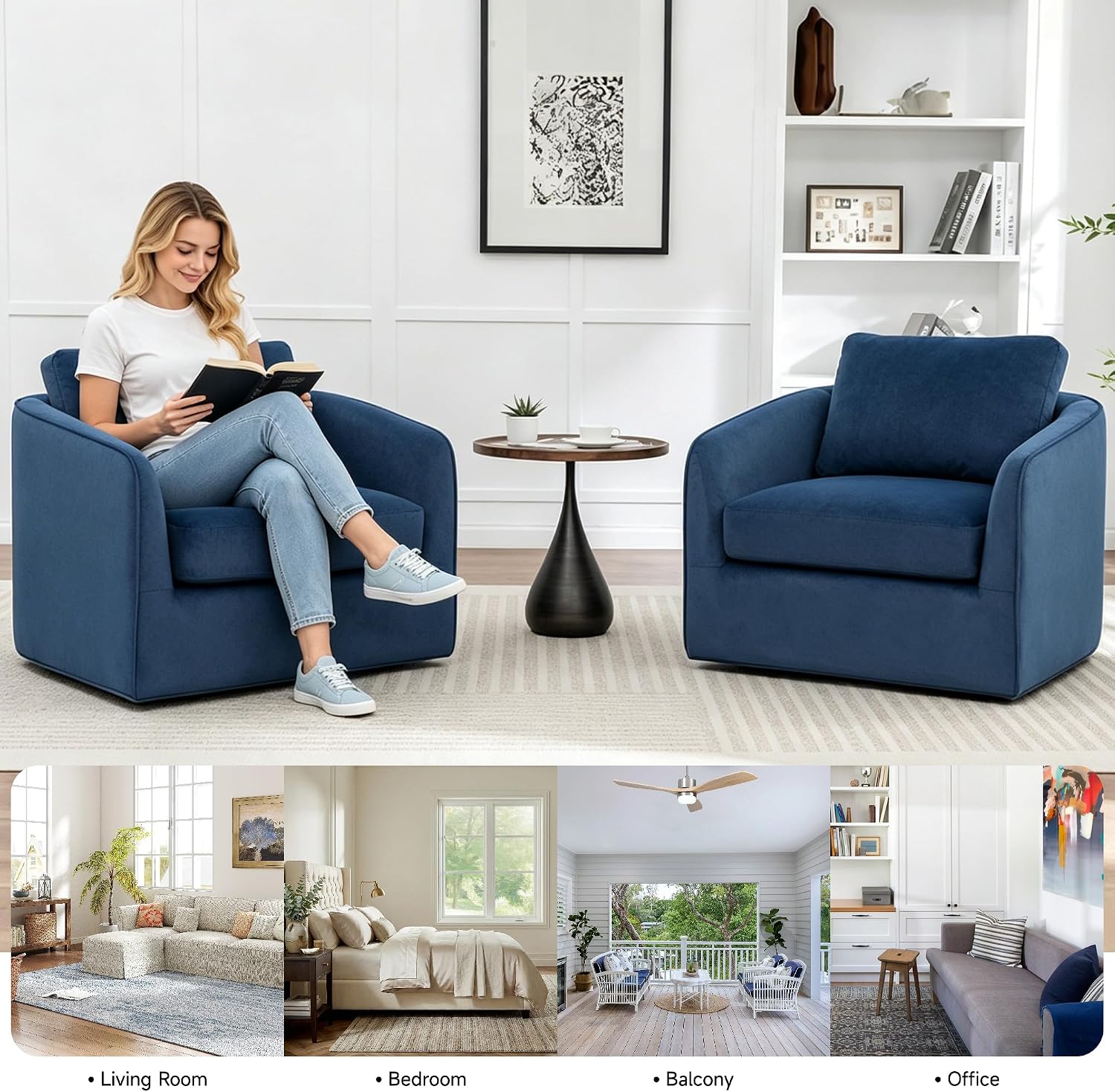 MINCETA Swivel Accent Chairs, Oversized Swivel Barrel Chair with High Density Foam, Velvet Fabric Reading Chairs, Upholstered Armchair for Living Room, Bedroom, No Assembly, Blue