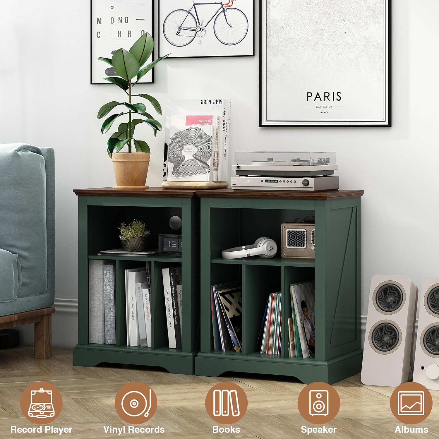 RowyPoey Farmhouse Record Player Stand, 3 Tier End Table, Turntable Stand with Vinyl Record Storage, Wood Record Holder Cabinet Dispaly Shelf for Living Room,Bedroom,Office,Antique White