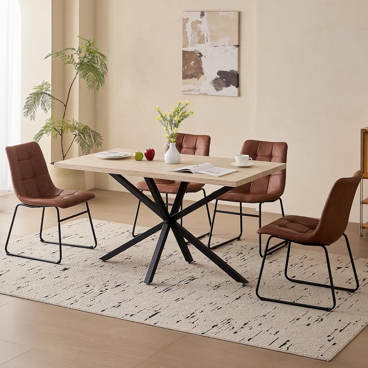 Dining Chairs Set of 4, Modern [Metal Sled Legs][Synthetic Leather] Upholstered Kitchen Chairs with Ergonomic Seat for Dining Living Room Home, Brown