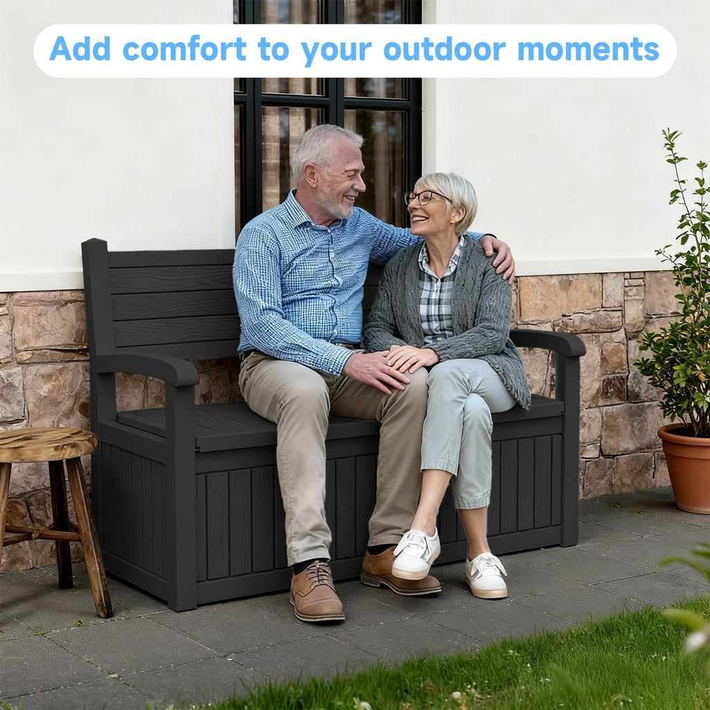 Pepe Tee 80 Gallon Outdoor Storage Bench, Resin Deck Box with Backrest and Armrests, All-Weather Patio Seating for Garden, Black