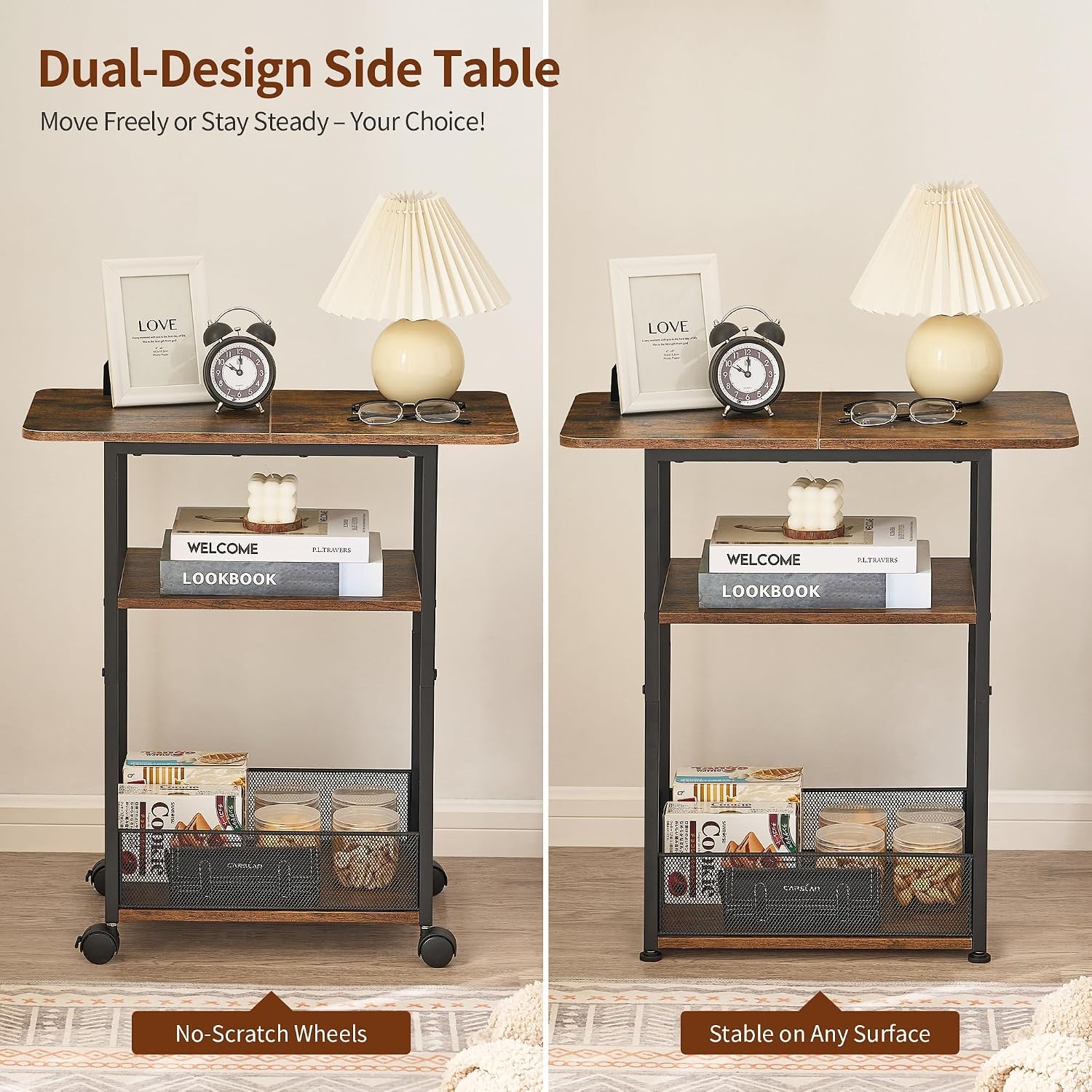 DALEMHOME Side Table with Wheels, Narrow Side Table with 3-Layer Storage Shelves, Slim Nightstand, Metal Frame, for Small Spaces, Living Room, Bedroom, 23.6" D x 11.8" W x 25.2" H, Rustic Brown